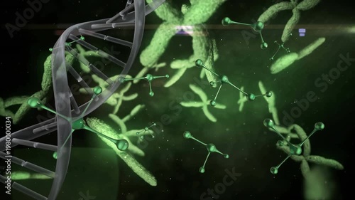 Animation of spinning globe and data falling molecules over dark background