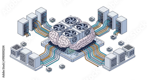 Isometric Illustration of an AI Neural Network Brain with Cooling Fans Connected to Data Center Servers representing High Performance Computing and Machine Learning