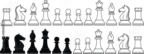 Foto Chess pieces outline and filled vector set, classic board game icons with king q
