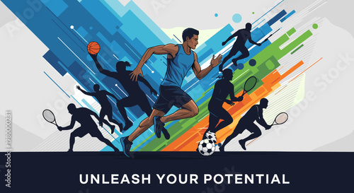 Dynamic illustration of diverse athletes participating in various sports, including running, basketball, tennis, and soccer, with colorful streaks and motivational text.