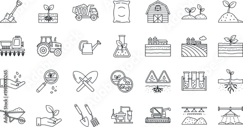 Agricultural technology and smart farming laboratory research icons for sustainable crop production and industrial harvesting hand-drawn vector illustration doodle art and icon set