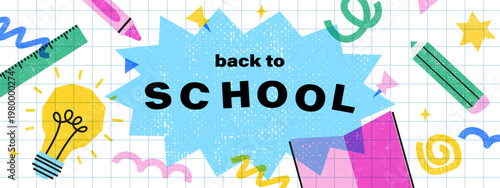 Back to school long horizontal banner, background. Simple flat style with texture. Education icons, symbols, doodles. Art collage, papers, hand drawn design elements. Bright colorful school subjects c