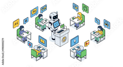 Isometric Illustration of an AI Robot Teaching Students in a Modern Classroom, Future of Education and Global Digital Learning Concept