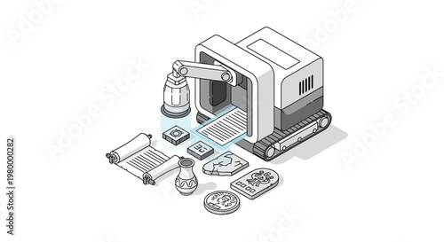AI Robot Scanning Ancient History Artifacts for Digital Preservation and Archaeological Research Isometric Line Art Illustration