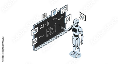 AI Robot Teacher Explaining Mathematics on Blackboard, Futuristic Education and Machine Learning Concept, Isometric Illustration