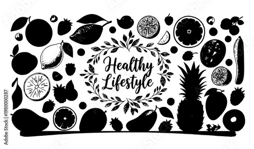 Healthy Lifestyle Banner Green Fruit Background Hand Drawn Vector