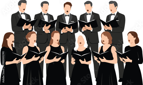 Illustration of a Choir Group Singing with Men and Women in Formal Attire Holding Music Sheets for Music and Performance Designs