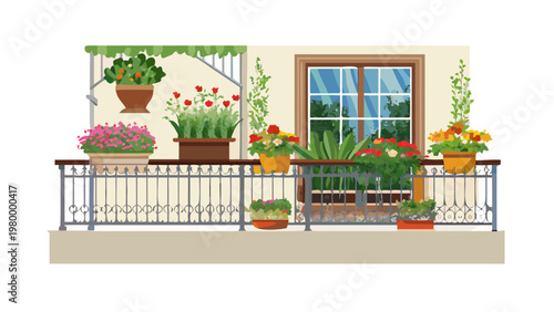 A charming balcony decorated with various colorful potted flowers and lush green plants