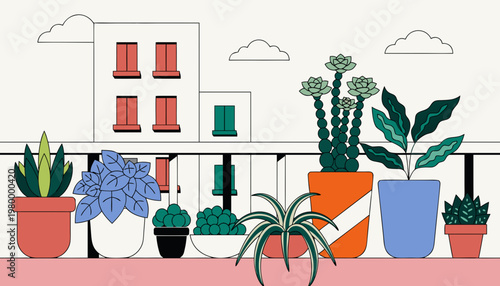 Colorful urban balcony garden featuring various potted plants against a city building backdrop.