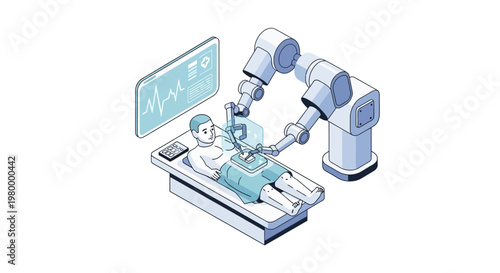 Robotic Surgery and Future Healthcare Concept: Isometric Illustration of a Surgical Robot Arm Performing a Procedure on a Patient with Medical Monitor Data