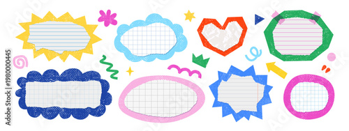 Set of scrapbook design elements. Noisy grainy texture backgrounds, speech bubbles, place for text. Cut out paper style. School notes. Quote box, frame. Piece of paper. Hand drawn cute style. 