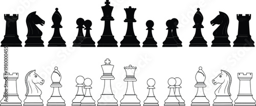 Chess pieces set black silhouette and outline vector, classic board game king queen rook bishop knight pawn collection