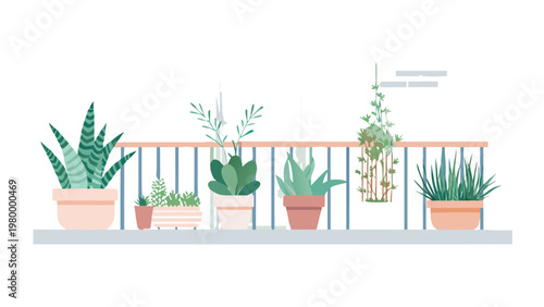 Minimalist Balcony Garden with Potted Plants, Flat Vector Illustration