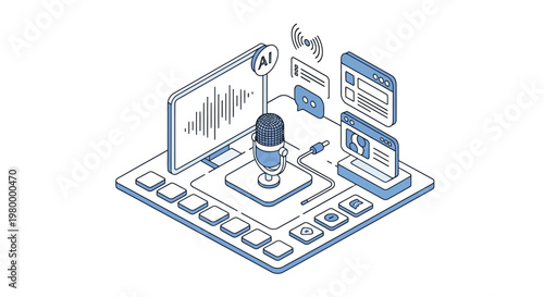 AI-Powered Podcast Production and Voice Recognition Isometric Line Art Illustration