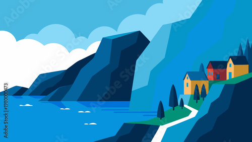 Colorful houses nestled on a steep mountain cliffside overlooking a calm blue sea in a flat art style.