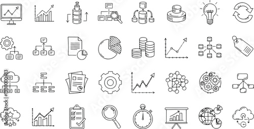 Business and data analytics marketing strategy development with financial management planning and growth optimization hand-drawn vector illustration doodle art and icon set