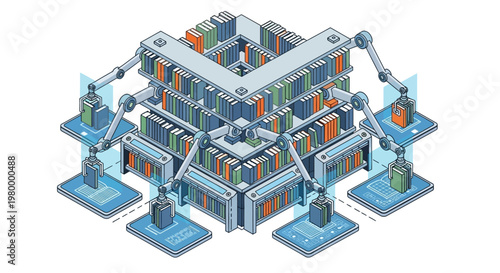 Automated Digital Library with Robotic Arms Processing Data and Books, Isometric Illustration of Artificial Intelligence Knowledge Management and Machine Learning Concept