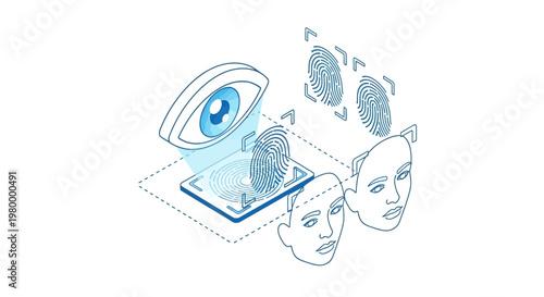 Isometric Biometric Security and Identity Verification Illustration Featuring Facial Recognition, Fingerprint Scanning, and Iris Eye Scanner in Blue Line Art Style