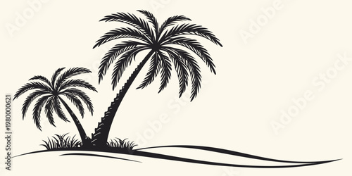 Minimalist graphic illustration of two palm trees on a grassy dune against a plain background with palm tree tropical landscape silhouette illustration vacation minimalist stylized