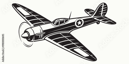 Vintage combat aircraft illustration with star insignia airplane propeller aircraft aviation military historical transportation illustration monochrome adventure transport isolated