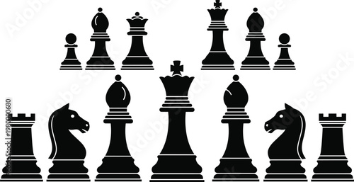Chess pieces silhouette vector set, black board game icons featuring king queen rook bishop knight pawn isolated collection