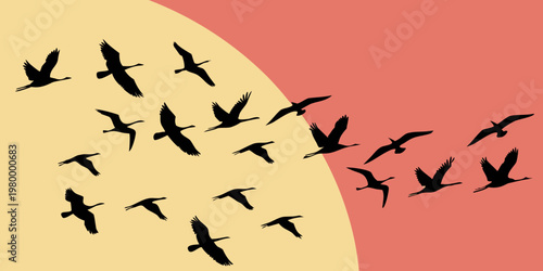 Foto Silhouette flock of migratory birds flying across a stylized background with v f