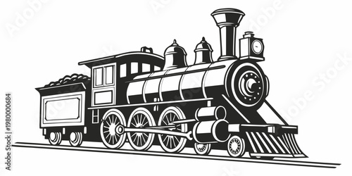 Detailed black and white vintage steam locomotive graphic icon on tracks with train travel engine wheels old fashioned transport vehicle public transit steam power iron horse smoke stack