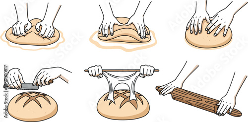 Hands kneading and preparing fresh bread dough with rolling pin and scoring knife in bakery hand drawn vector illustration doodle art and icon set