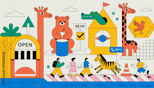 Zoo information booth with animals and visitors illustration colorful alligator standing recreation activity entertainment attraction education wildlife information building transport