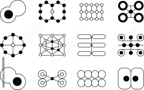 Set of scientific icons featuring various interconnected molecular structures and biological cell division patterns for research