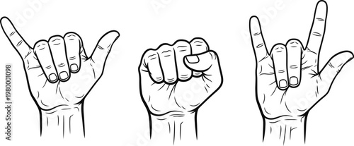 Fathers day hand gestures rock on hang loose and i love you in sketch style