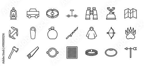 Minimalist survival and outdoor adventure outline icon set