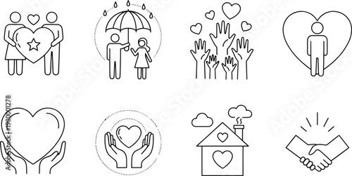 Charity and kindness line icons representing community support volunteering empathy and care in a hand-drawn vector illustration doodle art and icon set