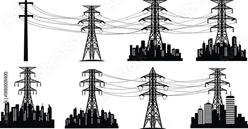 High Voltage Power Line and Electric Tower Icons with Cityscape Background for Energy, Infrastructure, and Utility Designs