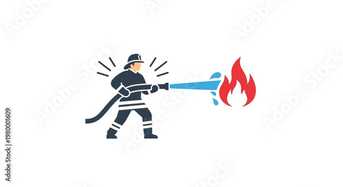 Firefighter spraying water on flames.