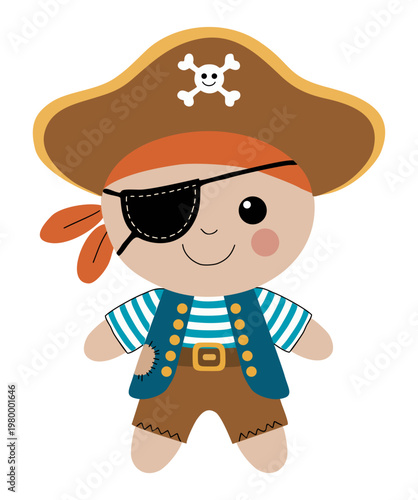 Cute pirate toy smiles warmly. He wears a classic tricorn hat. Eye patch covers one eye playfully. Striped shirt and leather shorts complete his look. Perfect for kids' books or playful themes