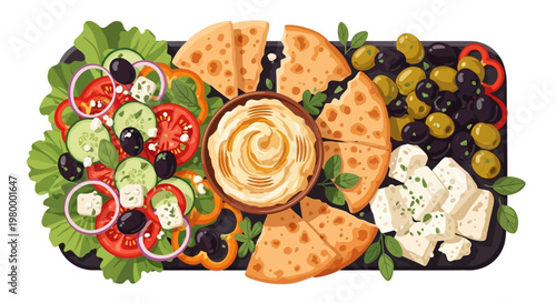 Mediterranean meze board with hummus pita olives and feta.