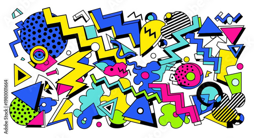 Colorful geometric Memphis abstract pattern with playful shapes.