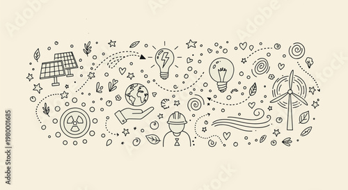 Sustainable energy concept featuring solar panels wind turbines green technology icons and environmental conservation symbols in a hand drawn vector illustration doodle art and icon set