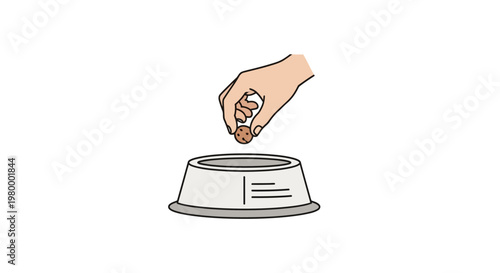 Hand putting food in dog bowl.