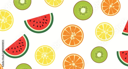 Vibrant citrus orange lemon kiwi and watermelon slices pattern.