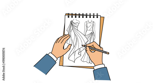 Hands drawing fashion design sketch.