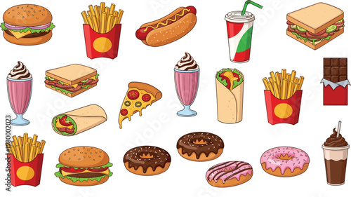 Large fast food vector collection featuring burgers french fries hot dog pizza donuts milkshakes sandwiches and chocolate bar in colorful cartoon sticker style