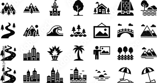 Collection of Black and White Landscape and Scenery Icons Including Mountains, Roads, Buildings, Trees, and Nature Elements