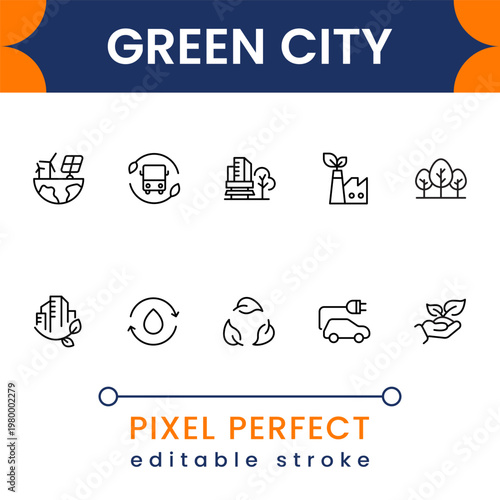 Sustainable Green City Icon Pack – Smart Urban Ecology and Renewable Energy Symbols