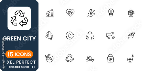 Eco Friendly City Icons – Sustainable Urban Development and Green Energy Concept Set