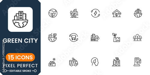 Eco Friendly City Icons – Sustainable Urban Development and Green Energy Concept Set