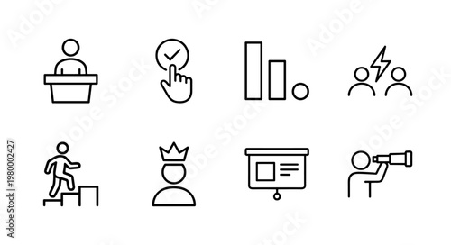 Business teamwork and leadership minimalist line icons set