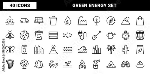 Minimalist ecology and green energy line icon set