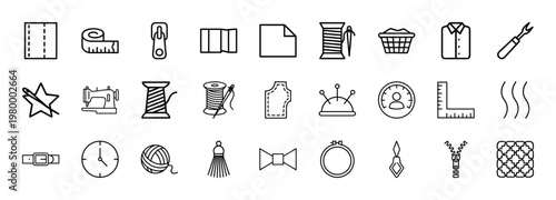 Minimalist tailoring and sewing machine line icon set for fashion industry